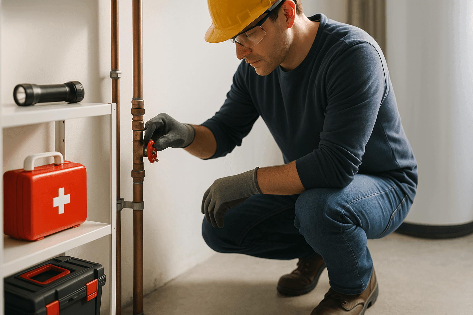 Homeowner turning off main water valve during property emergency