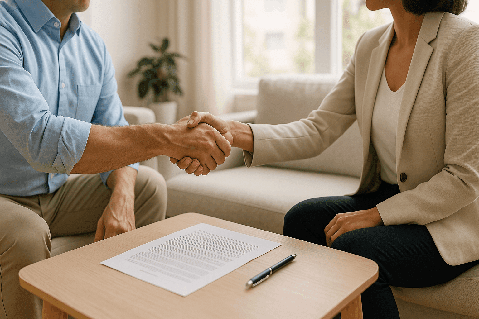 Landlord and tenant shaking hands after successful lease renewal in modern living room