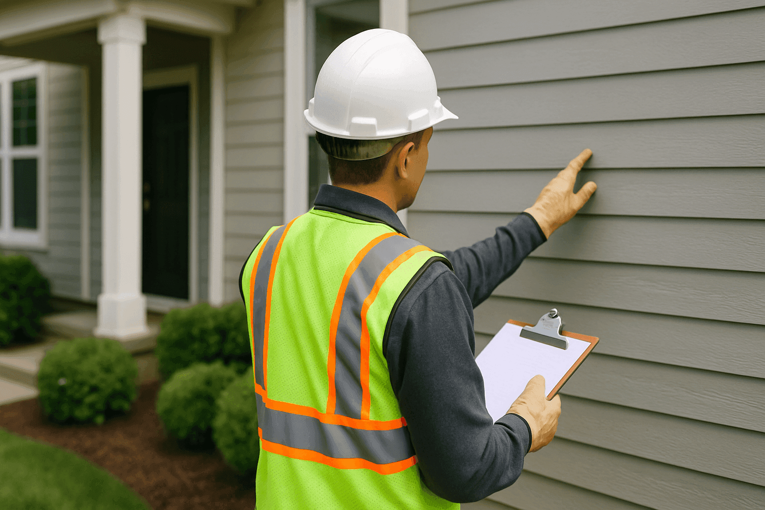 Property manager checking home exterior for maintenance issues