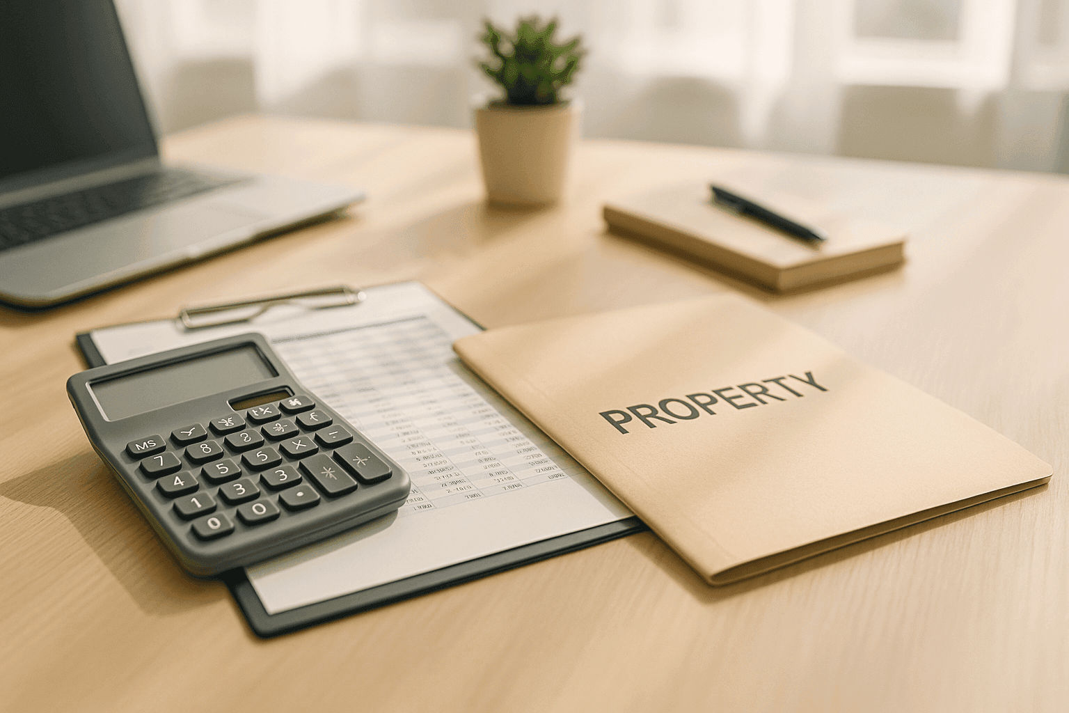 Spreadsheet and calculator on desk showing property management budget planning