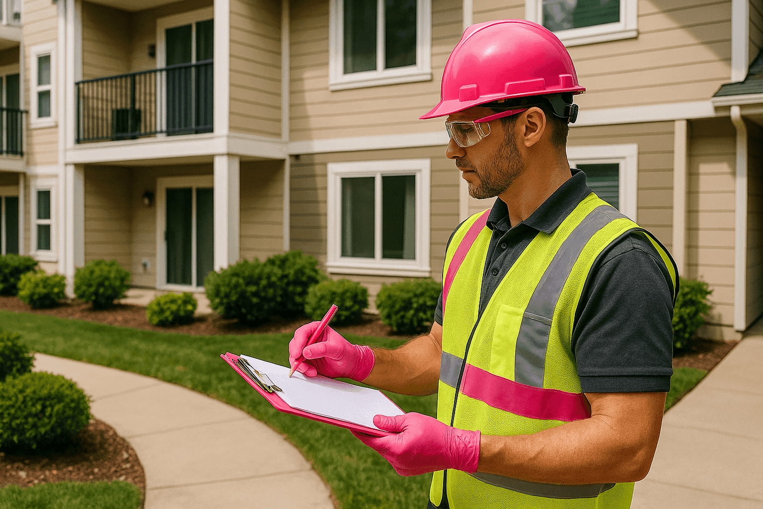 Professional property manager in safety gear inspecting clean residential building exterior
